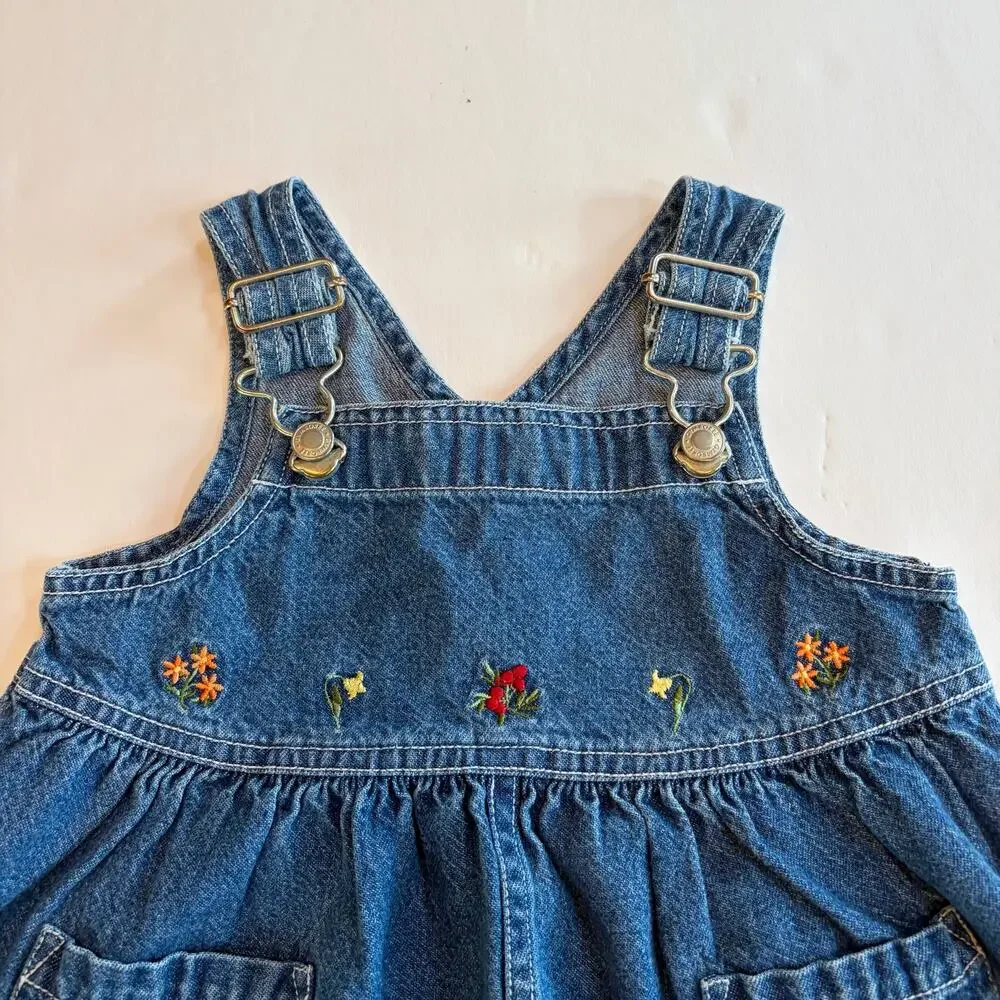VTG 90s Gymboree Autumn Berries Blue Jean Denim Overall Dress Floral Embroidery